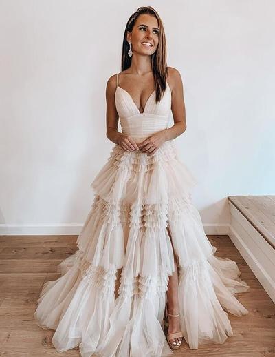 A Line V Neck Straps Ivory / Light Champagne Tulle Long Prom Dresses