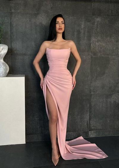 Strapless Mermaid Blush Pink Prom Dress with Slit