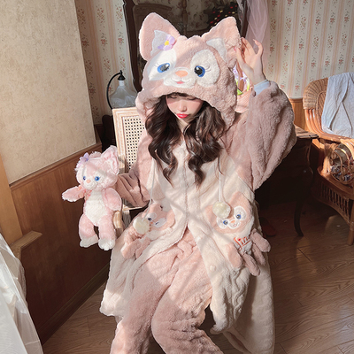 Winter Thick Warm Comfy Soft Cute Little Pink Fox Purple Flower Ears Hoodies Cute Nightgown Long Coat Pajamas Pants Two Piece Set