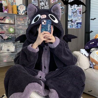 Winter thick warm soft cute halloween black spooky bat ears hoodies nightgown long coat pants pajamas two piece set - Thumbnail 2