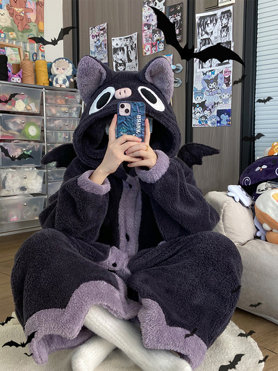Winter Thick Warm Soft Cute Halloween Black Spooky Bat Ears Hoodies Nightgown Long Coat Pants Pajamas Two Piece Set