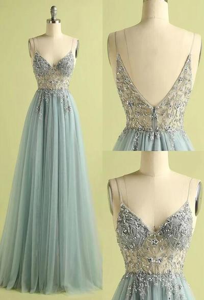 Vintage A Line V Neck Slit Tulle Prom Dress With Beading