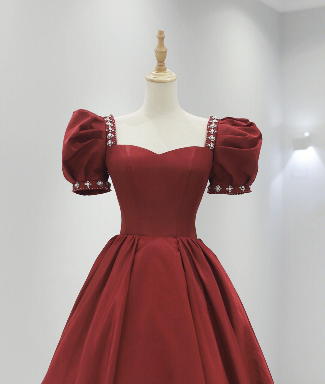 Burgundy Satin Long Prom Dress, Cute Short Sleeve Evening Dress