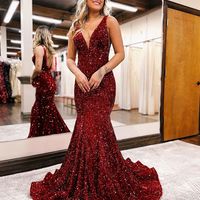Sparkly Mermaid V Neck Sequins Prom Dresses - Thumbnail 1