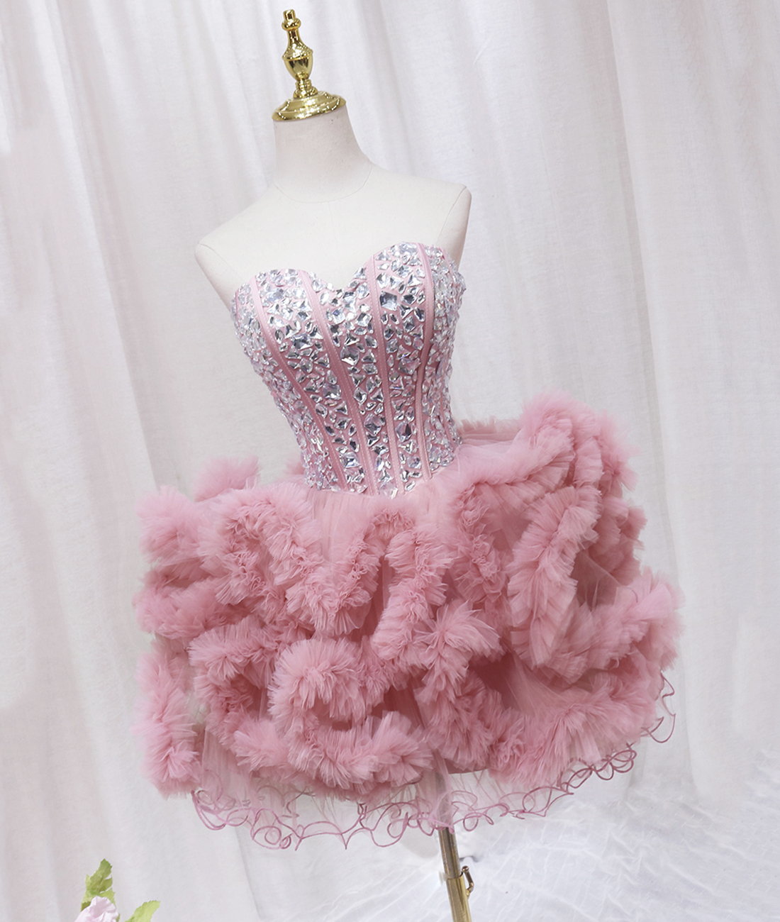 Pink Sweetheart Neckline Tulle Short Prom Dress with Rhinestones, Cute Party Dress