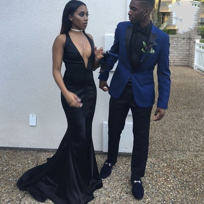 Deep v neck black prom dresses for women - Thumbnail 2