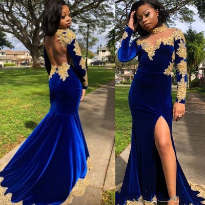 Royal Blue Backless Prom Dresses Mermaid with Gold Lace Appliques