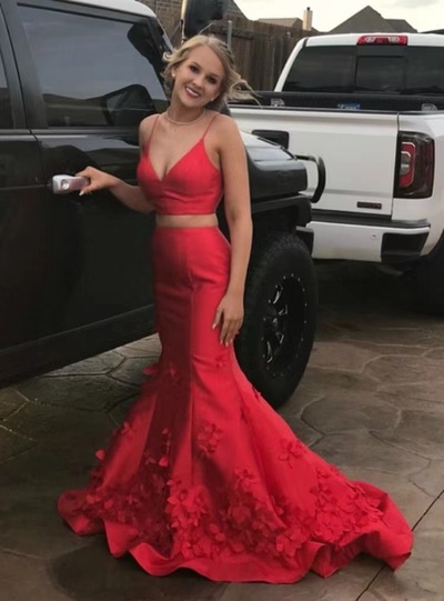 Two Piece Red Prom Dresses Mermaid with Flowers