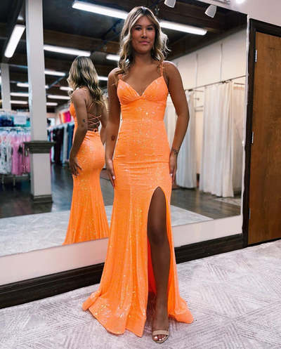 Sparkly Mermaid V Neck Orange Sequins Prom Dresses