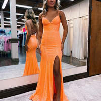 Cute Mermaid Orange Sequins Long Prom Dresses with Slit - Thumbnail 1