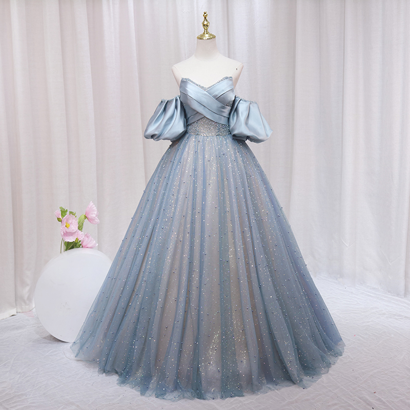 Blue Puff Sleeve Long A-Line Prom Dress, Off the Shoulder Formal Dress
