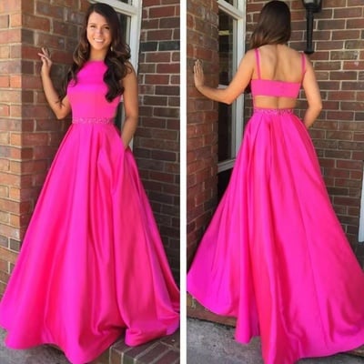 Fuchsia prom dresses with pockets waist with beaded - Thumbnail 1