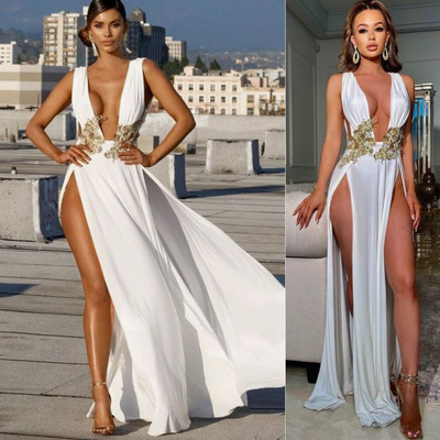 Deep V Neck Prom Dresses Slit Side with Gold Appliques