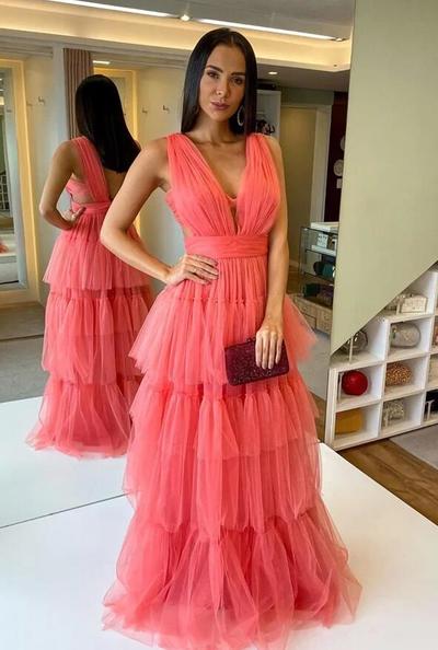 Fashion A Line Women V Neck Prom Gowns
