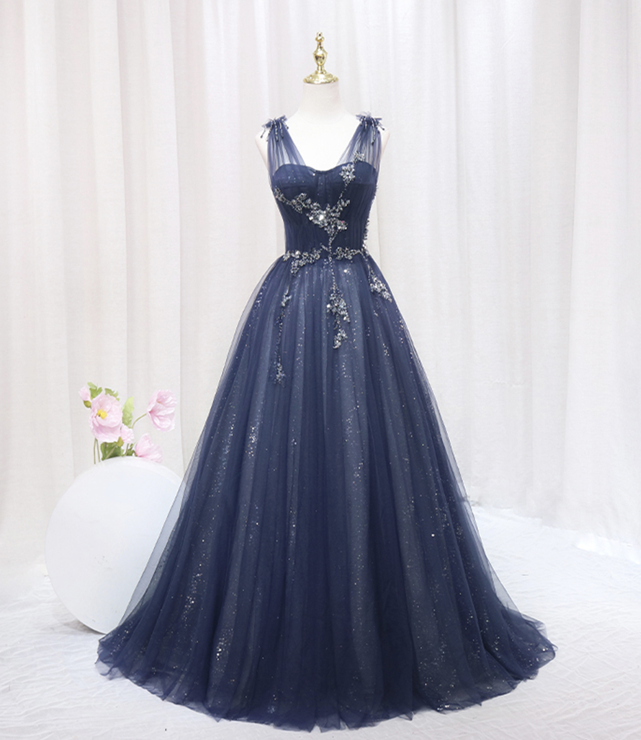 Blue Tulle Beaded Long Prom Dress, A-Line Evening Party Dress