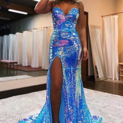 Charming sparkly mermaid sweetheart blue sequins prom dresses with slit - Thumbnail 1