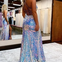 Sparkly Mermaid V Neck Blue Sequins Prom Dresses with Slit - Thumbnail 1