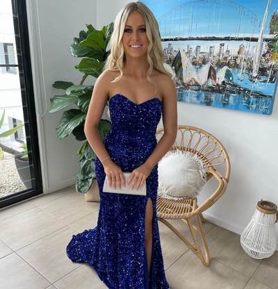 Cute Mermaid Sweetheart Royal Blue Sequins Prom Dresses with Slit