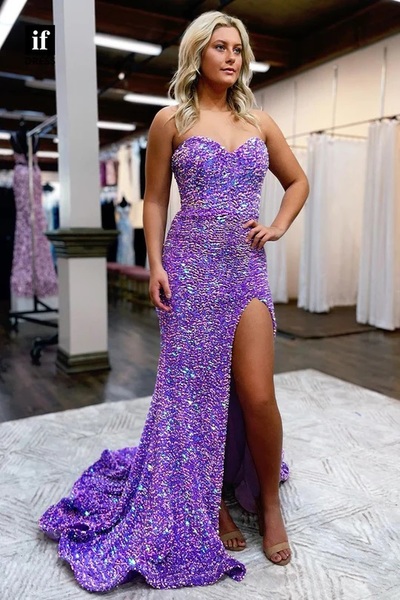 Cute Mermaid Sweetheart Sequins Long Prom Dresses with Slit