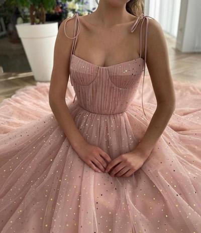 A line straps pink tulle long prom dress
