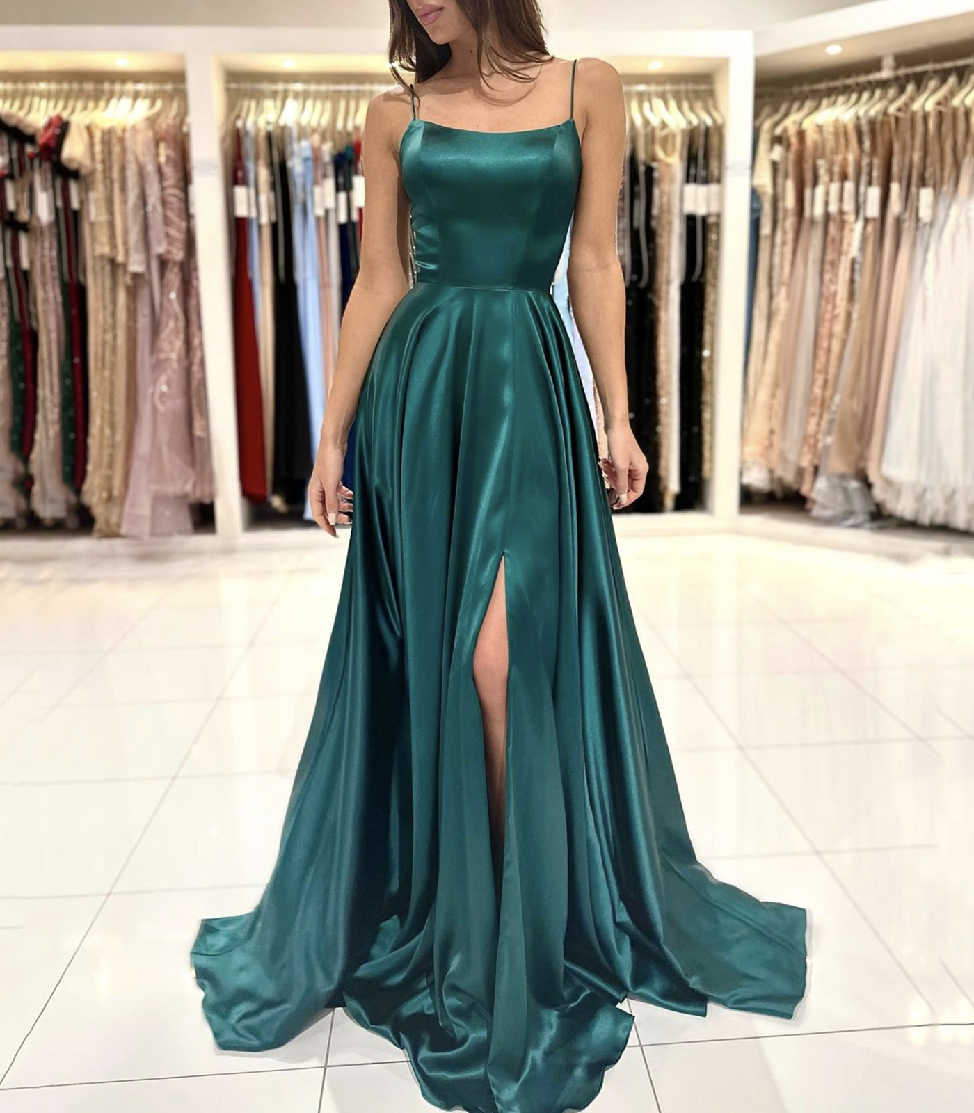 Green Satin Long Prom Dress, Simple A-Line Backless Evening Dress
