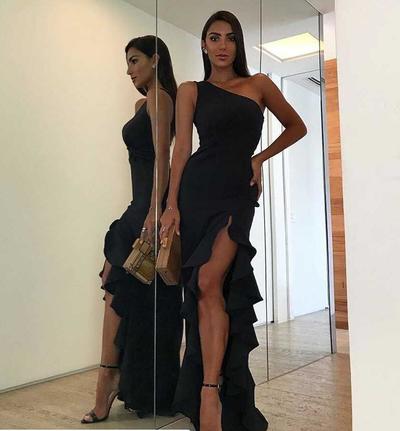 Sexy One Shoulder A Line Black Split Prom Dresses