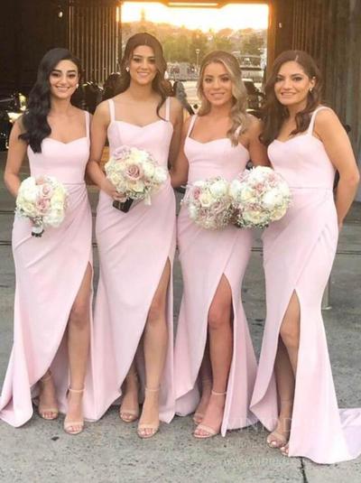 Spaghetti straps pink sleeveless long bridesmaid dresses
