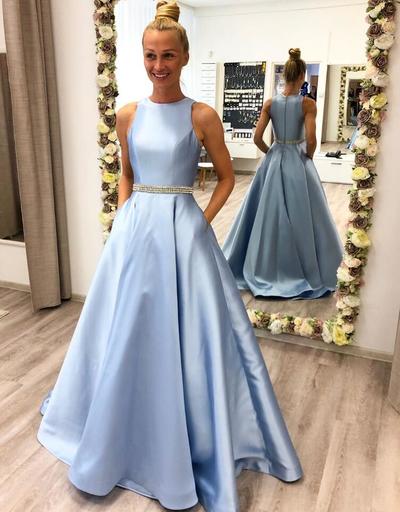 Charming A Line O-Neck Light Blue Prom Dress