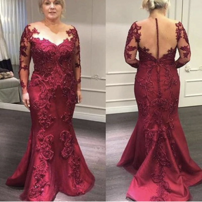 Burgundy Mermaid Mother of the Bride Dresses with Sleeves Appliques Lace