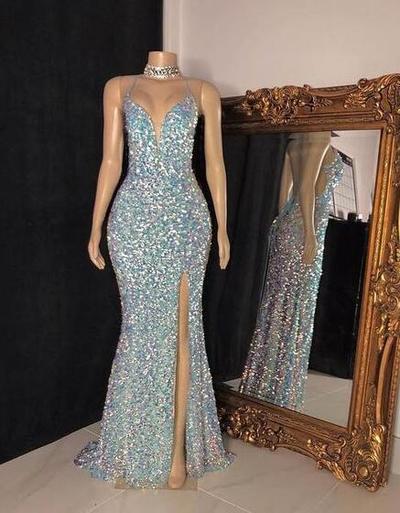 Simple Mermaid Sequins Sleeveless Split Prom Dresses