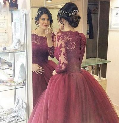 Floor Length Wine Red Lace Prom Dress With Long Sleeves