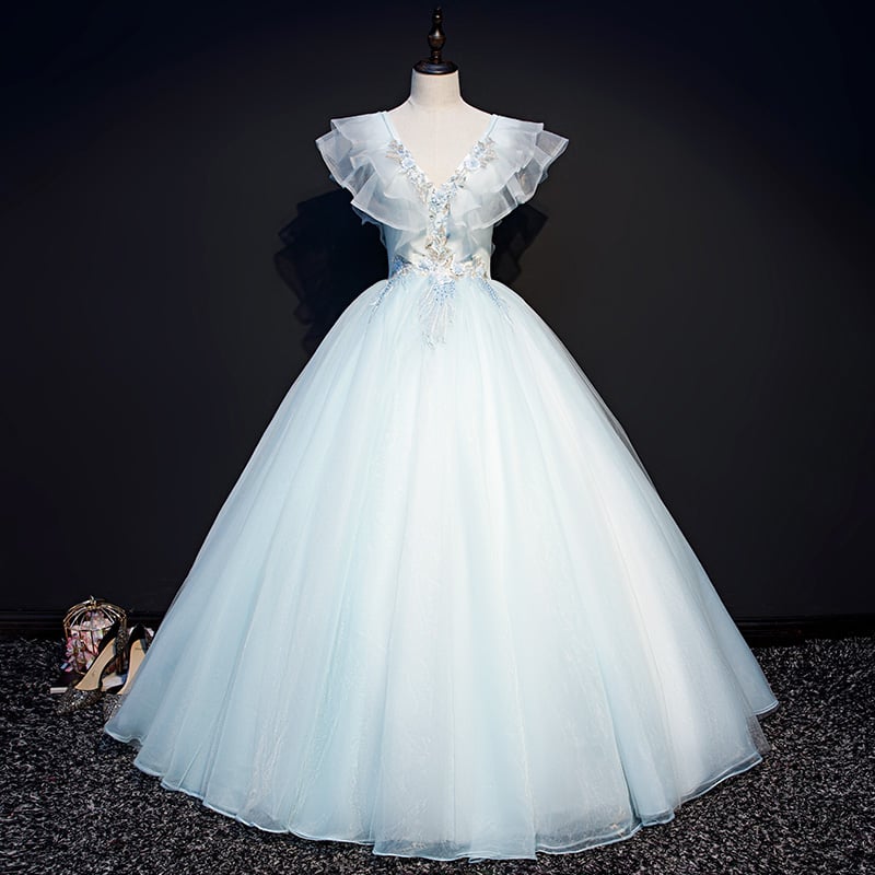 Blue V-Neck Tulle Lace Long Prom Dress, A-Line Evening Gown