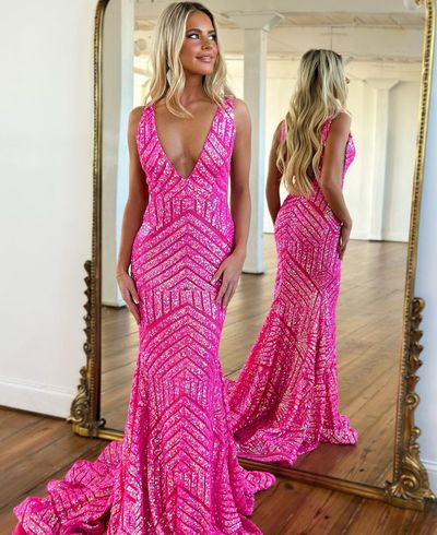 Fashion Mermaid V Neck Sparkly Sequins Prom Dresses VK23012902