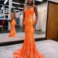 Sparkly Mermaid V Neck Orange Sequins Long Prom Dresses VK23012901 - Thumbnail 1