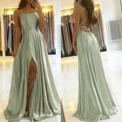 Simple A Line Sage Green Long Prom Dress With Slit