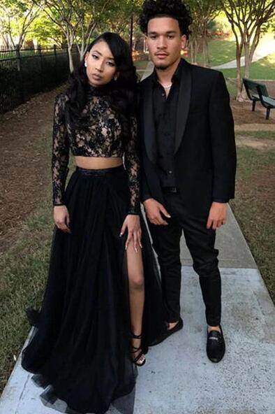 Two Piece Long Sleeves Black Lace Prom Dresses