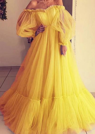 Off shoulder yellow tulle prom dresses with long sleeves