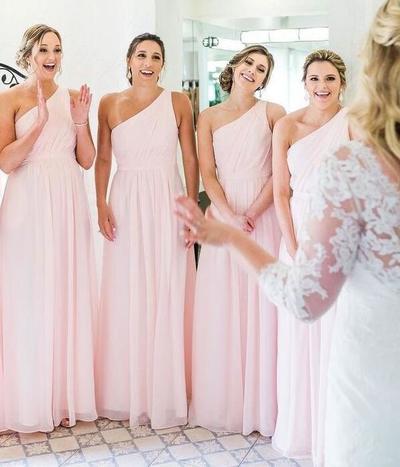 Simple One Shoulder Long Pink Bridesmaid Dresses