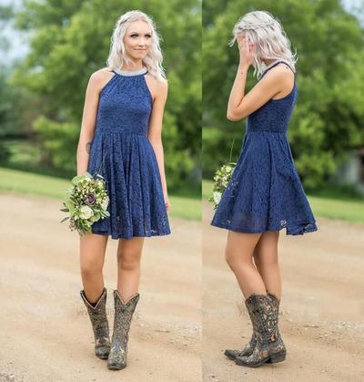 Cute High Neck Navy Blue Short Lace Bridesmaid Dresses