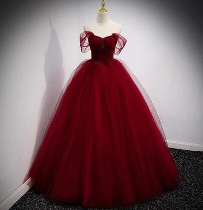 Princess Ball Gown Burgundy Tulle Prom Dresses