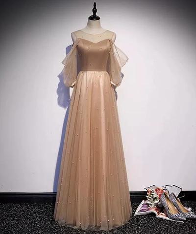 Simple A line Long Sleeves Tulle Prom Dresses