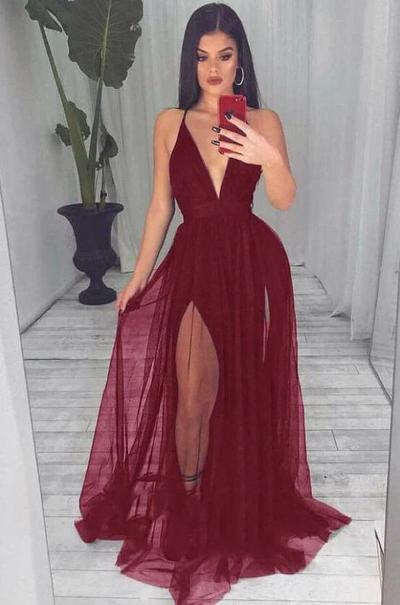 Sexy A Line V Neck Split Evening Dress