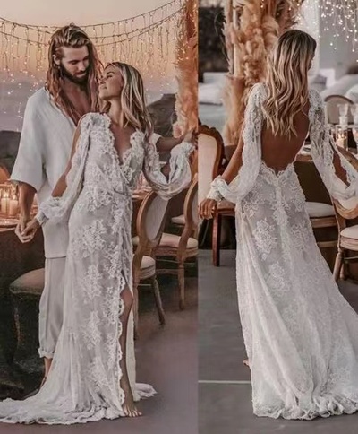 V Neck Boho Wedding Dresses Bridal Gown with Sleeves Lace