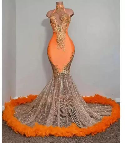Orange Mermaid Prom Dresses 2023 Satin Beading Sequined High Neck Feathers Luxury Skirt Evening Party Formal Gowns For Women
