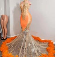 Orange Mermaid Prom Dresses 2023 Satin Beading Sequined High Neck Feathers Luxury Skirt Evening Party Formal Gowns For Women - Thumbnail 1