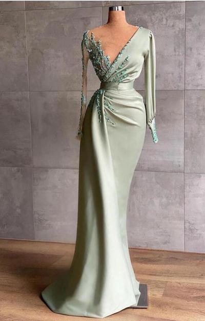Elegant Prom Dresses Modest Long Sleeves Sheer Neck Appliques Beads Floor Length Evening Occasion Wears Vestidos de fiest