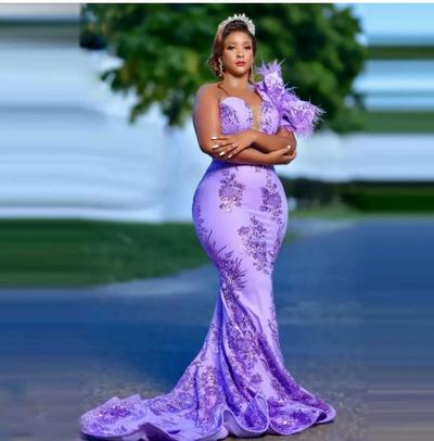 Charming Purple Plus Size Prom Dresses One Shoulder Sequins Lace With Train Feathers Long Women Aso Ebi Evening Gowns