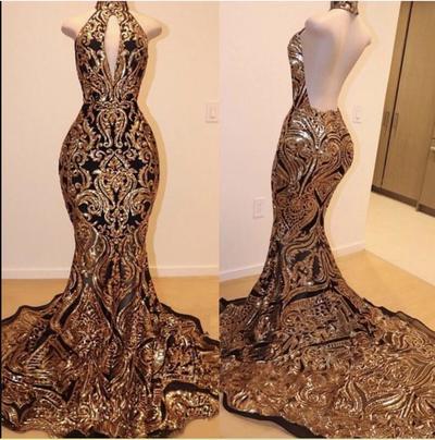 Sequins Gold and Black Sparkly Prom Dresses Hign Neck Backless Sweep Train African Sexy trumpet Occasion Evening Wear gowns