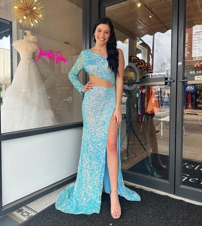 Charming Mermaid One Shoulder Sequins Prom Dresses with Slit