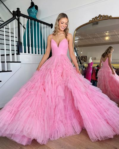 Cute A Line V Neck Pink Tulle Prom Dresses